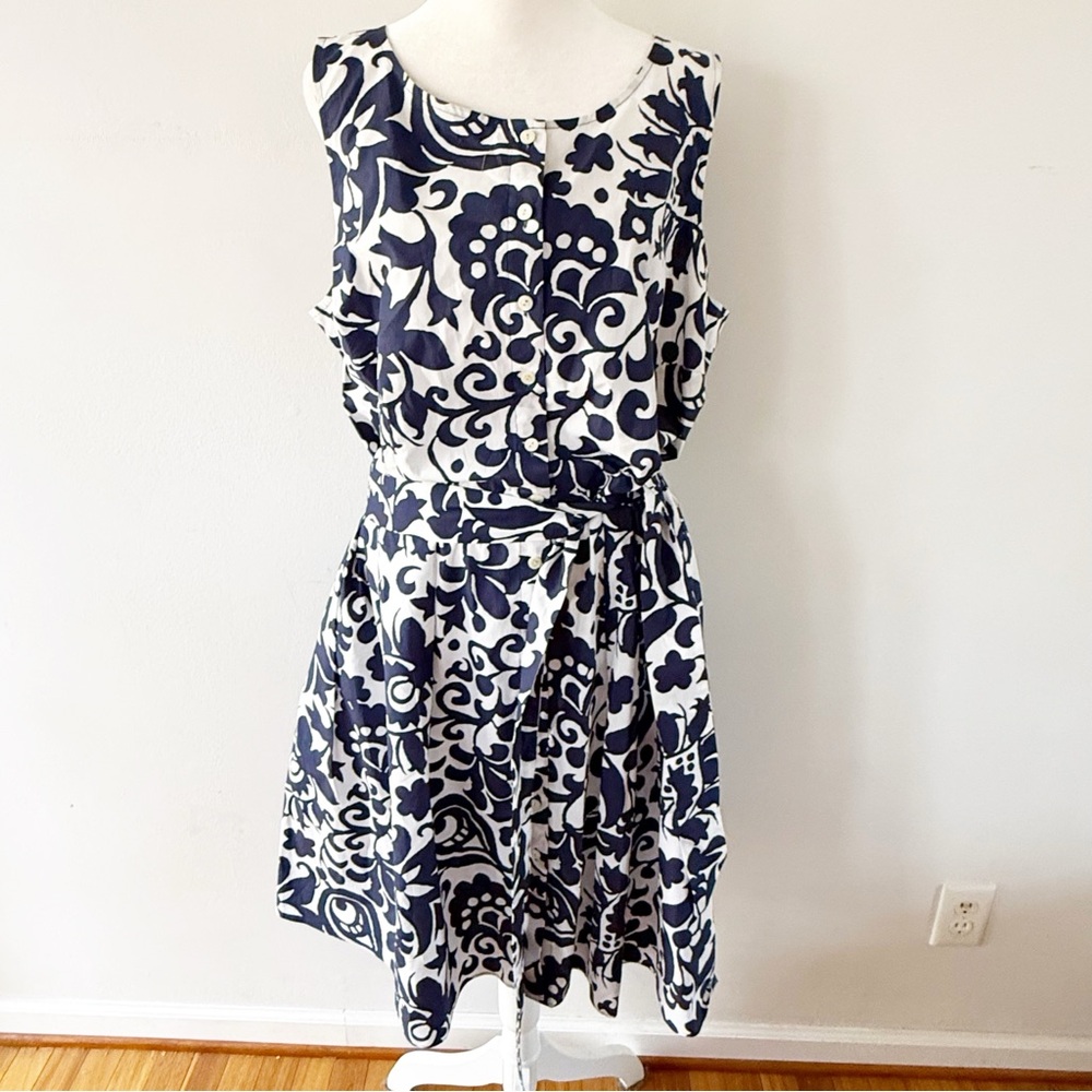 Talbots Women Floral Cotton Poplin Belted Button Up Dress Sz 18WP Preppy Office